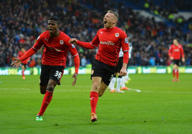 Craig Bellamy og Wilfried Zaha fagna marki með Cardiff City 2014.