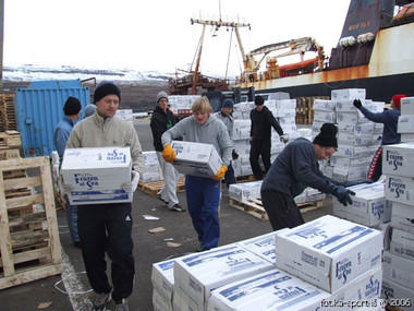 Leikmenn KA landa karfanum af mikilli list.