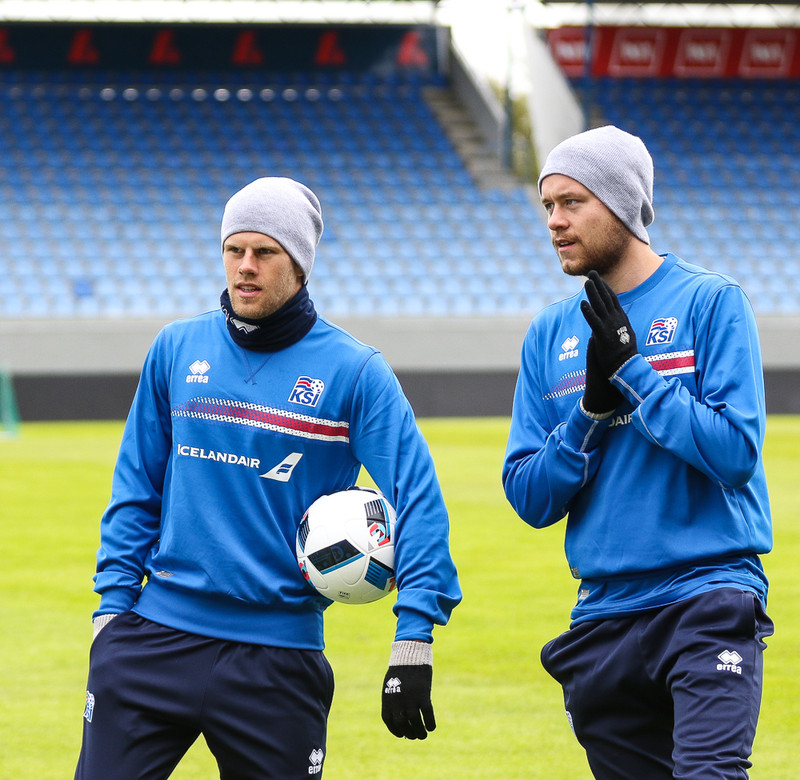 Jóhann Berg á æfingu Íslands í dag.