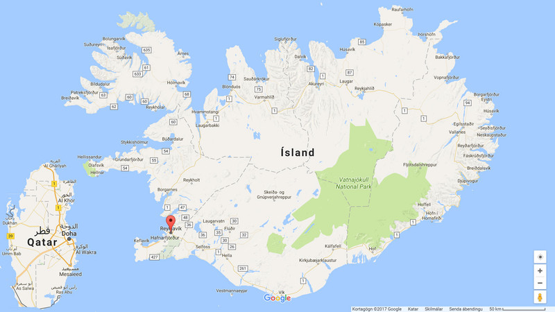 Munurinn á stærð Katar og Íslands.