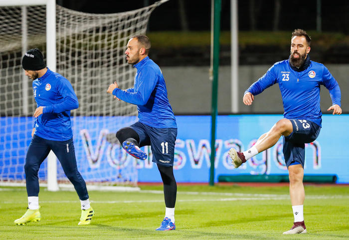 Af æfingu Andorra á Laugardalsvelli í gær.