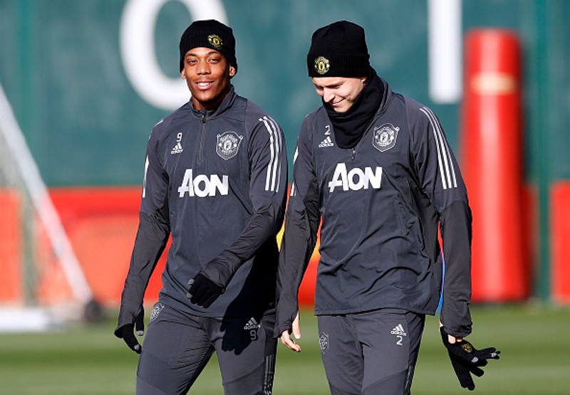 Anthony Martial og Victor Lindelöf á æfingunni í morgun.