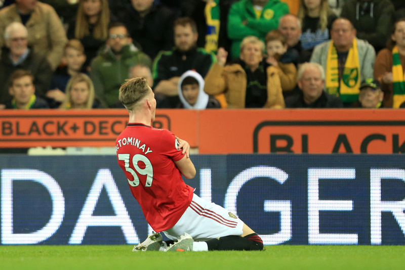 Scott McTominay fagnar marki sínu gegn Norwich.