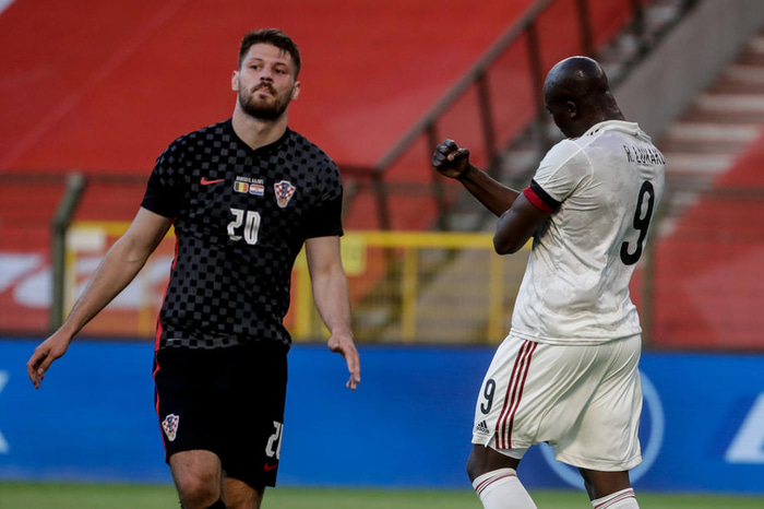 Romelu Lukaku fagnar marki sínu gegn Króatíu