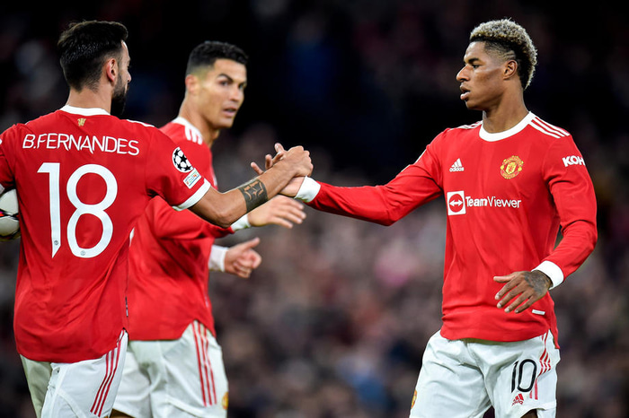 Bruno Fernandes, Cristiano Ronaldo og Marcus Rashford