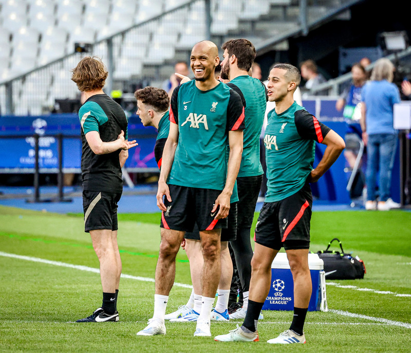 Fabinho og Thiago á æfingu í gær.