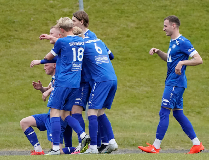Dalvík/Reynir fagnar marki síðasta sumar.