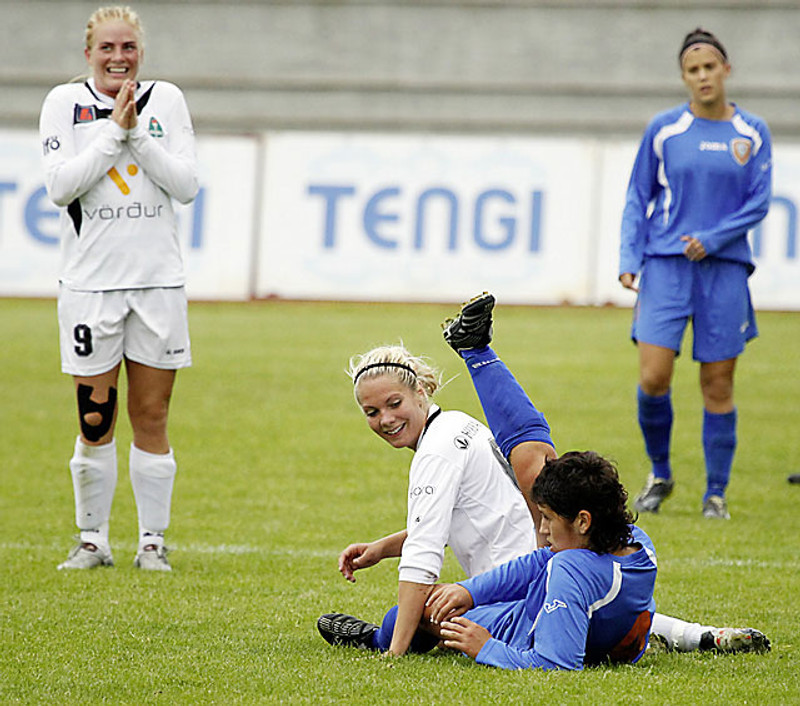 Í leik í Meistaradeildinni árið 2010. Breiðablik vann FC Targu Mures frá Rúmeníu 7-0 og Harpa var auðvitað á skotskónum.