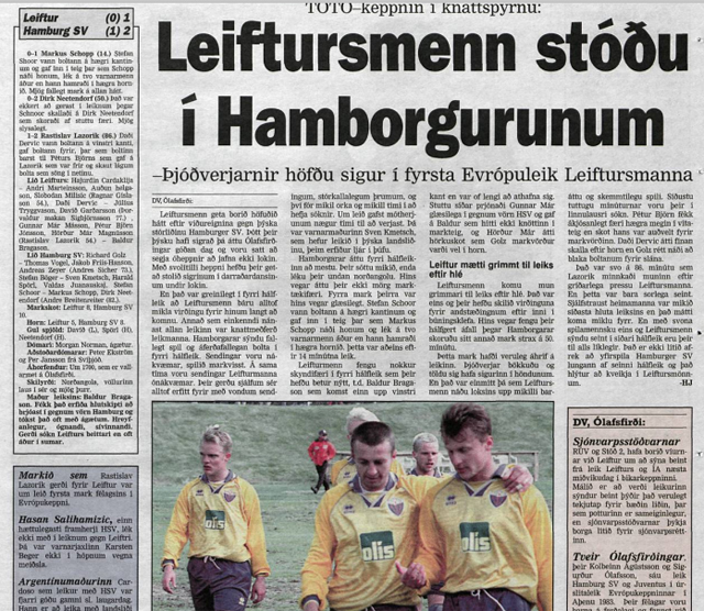Grein úr DV eftir leik Leifturs og Hamburg á Ólafsfirði árið 1997.