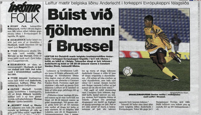 Grein úr Morgunblaðinu fyrir leik Leifturs og Anderlecht árið 1999.