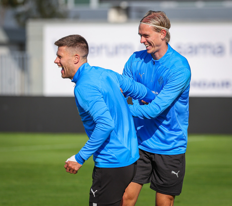 Létt yfir Stefáni og Jóhanni á landsliðsæfingu í vikunni.