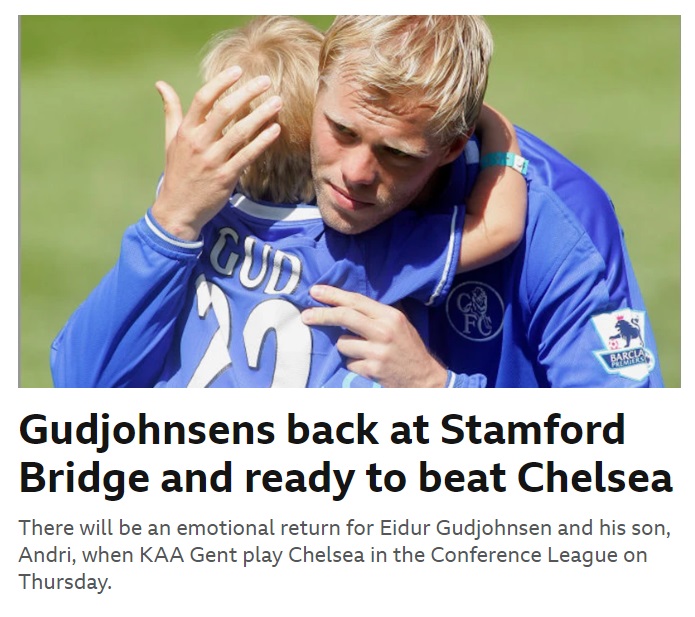 Með greininni er mynd af Andra Lucasi fjögurra ára gömlum í faðmi föður síns að fagna Englandsmeistaratitli Chelsea 2005.