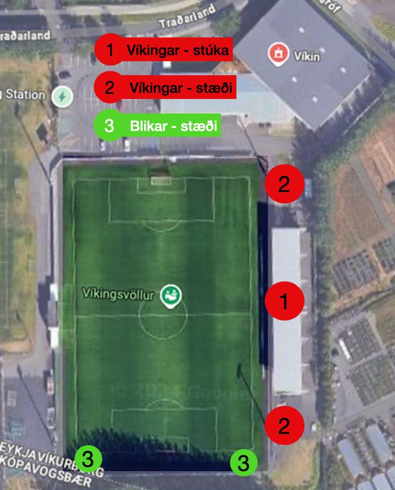 Yfirlitsmynd sem sýnir hvar stuðningsmenn liðanna verða á leiknum.