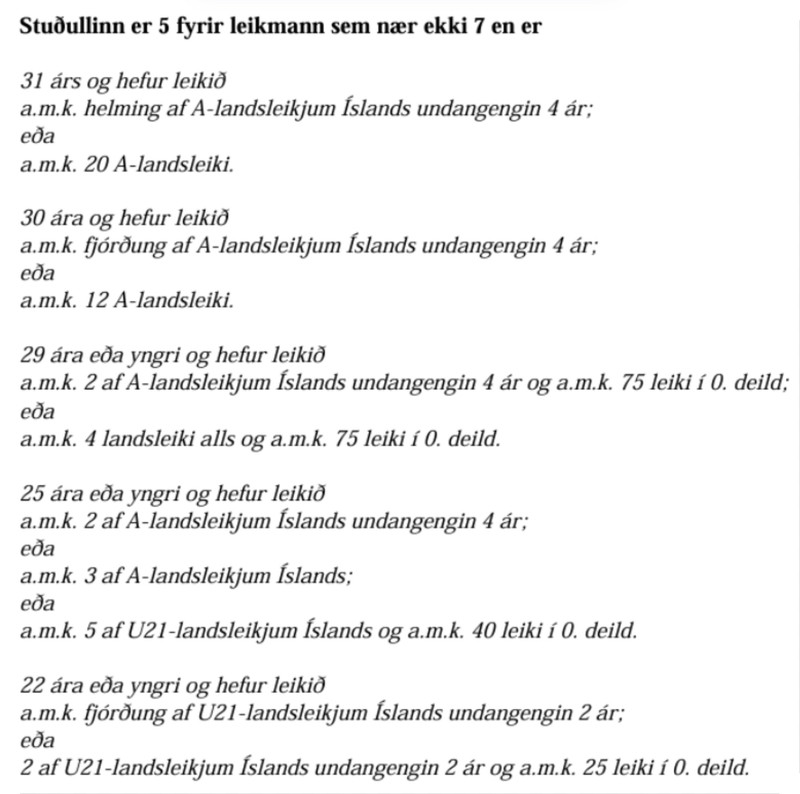 Skilyrði fyrir stuðli 5 hjá KSÍ.
